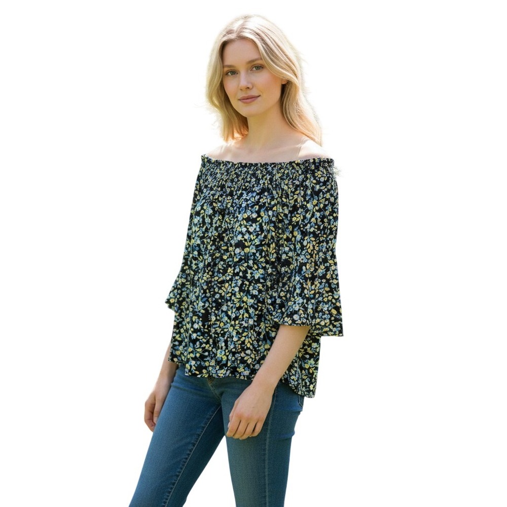 Floral Off The Shoulder Bell Sleeve Blouse Yellow Blue Black Smocked Top